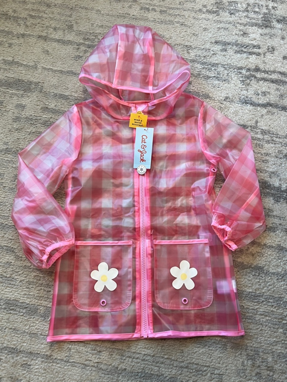 Cat & Jack Pink Gingham Hooded Rain Jacket with Daisy Pockets
